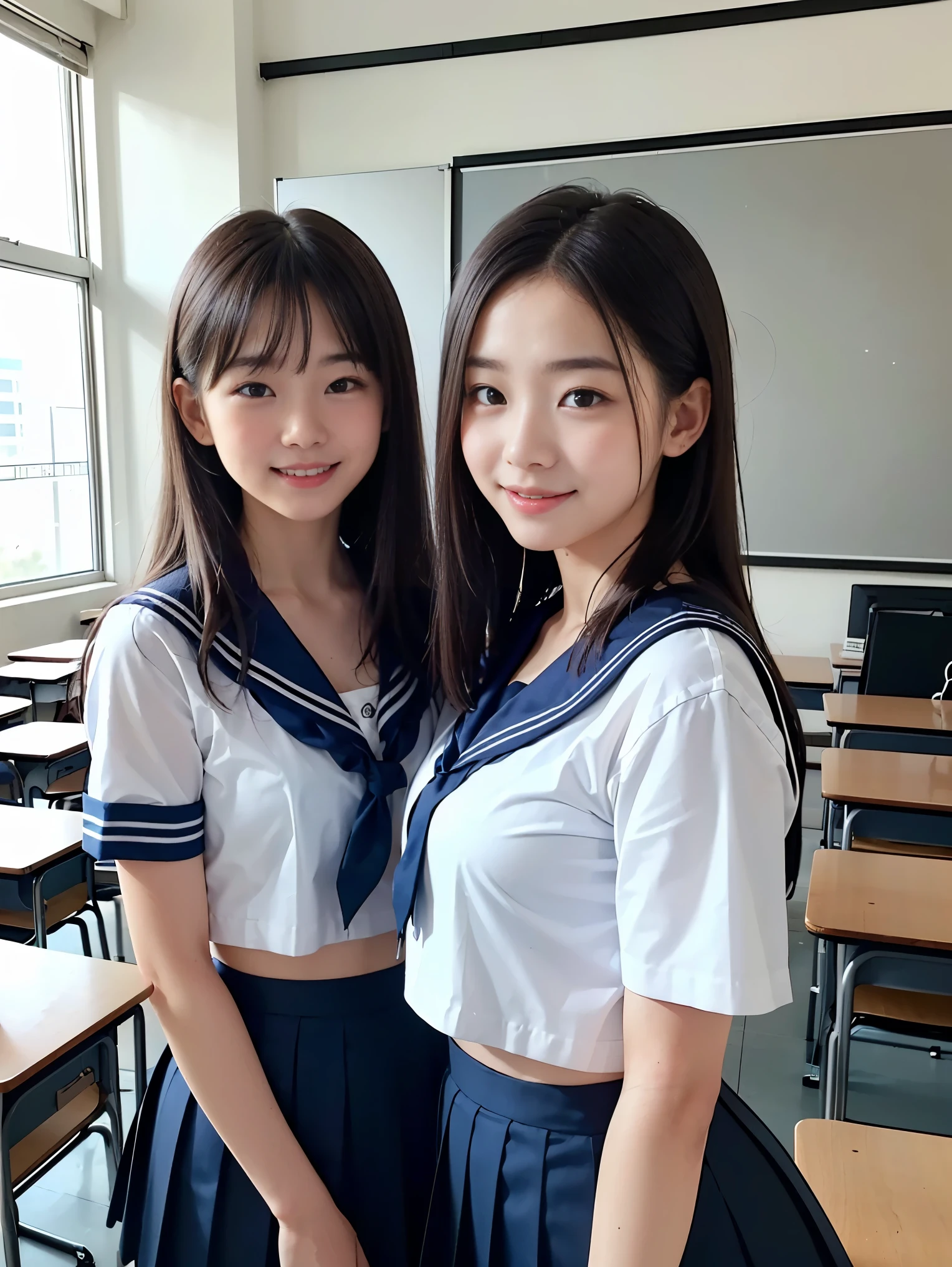 ((Two girls standing side by side)), ((sailor suit, mini skirt)), (two girls), (((The girl on the right has flat chest:1.5))), ((The girl on the left has large breasts)), (The girl on the left has short hair, The girl on the right has long hair, The girl on the left has a cool expression, the girl on the right has a cute expression:1.2), ((pale skin:1.3)), (smile, baby face:1.3), classroom, classmate, (best quality), realistic, (live-action, complicated details), Natural Skin Texture