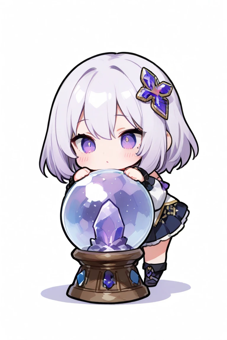 (masterpiece, top quality, best quality, official art, beautiful and aesthetic:1.2), (1girl), cute, extreme detailed, priestess elf, church, silver hair, portrait, crystalbutterflies, blurred background, purple eyes , tilt shift, visually stunning, bokeh, black clothes,