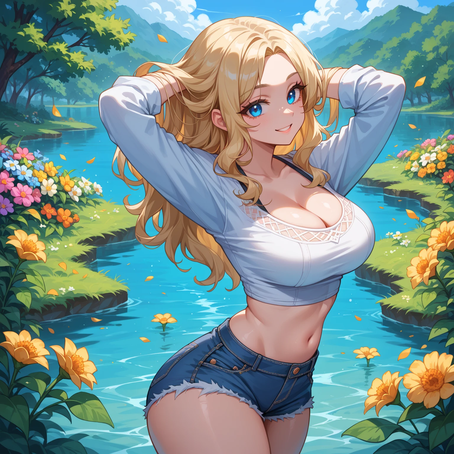 Big Breasts, 1girl, ((blonde hair, medium hair)) ((wolf girl, wolf ears)) light blue eyes, has an extremely sexy body, with full breasts and thin waist, and an extremely sexy body, HIP HOP style beautiful tank top, long pleated skirt fabric delicate, has a bold appearance. young, quality, realistic, best quality, cute expression, blue lipstick lips, parted lips, leaning, in the flower garden