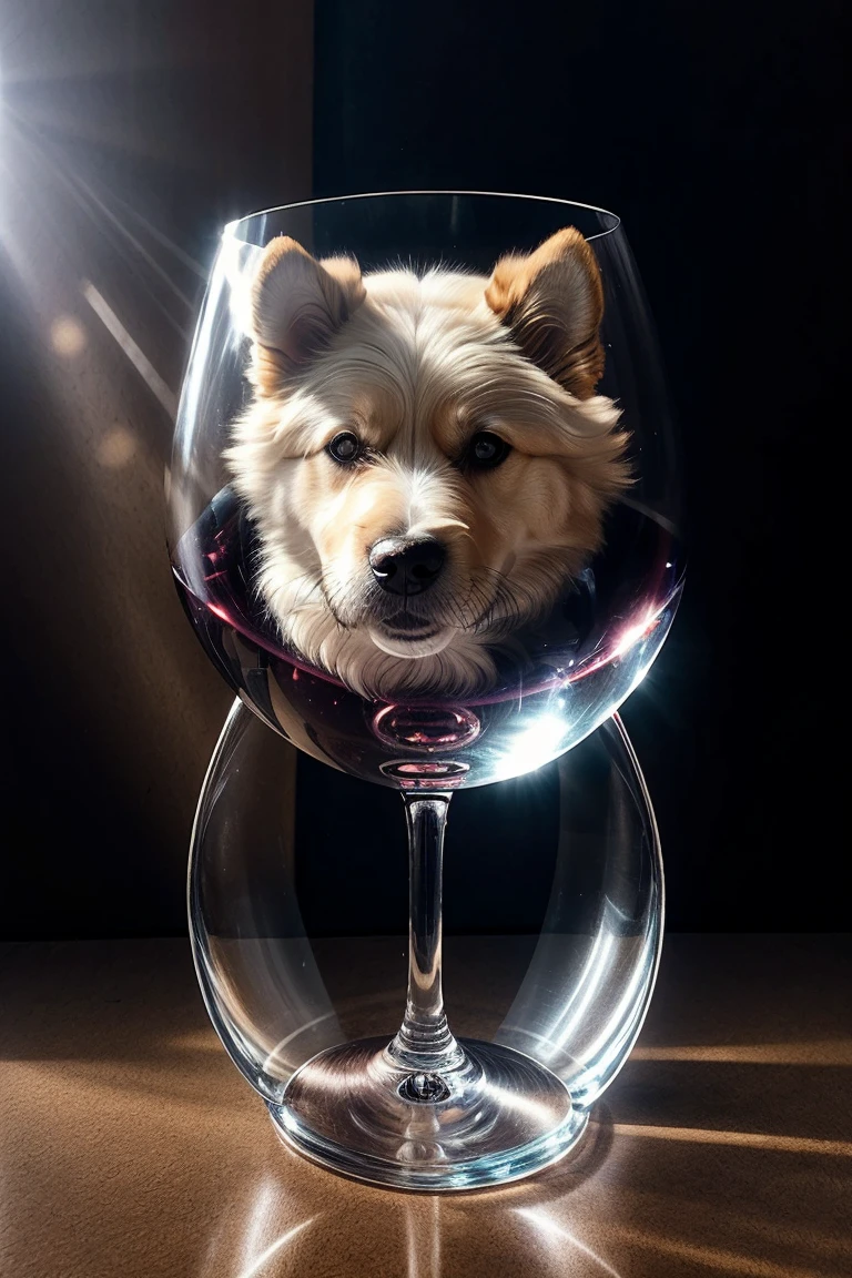 White dog holding a glass of wine 