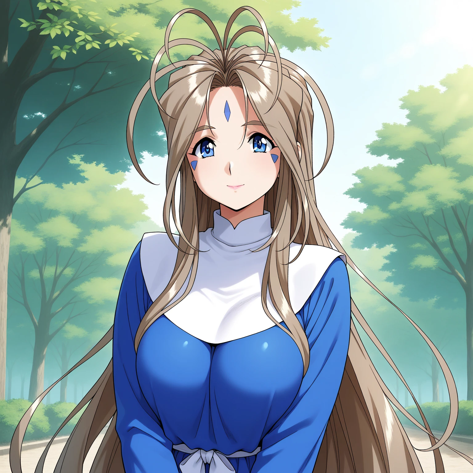 Belldandy, huge_breasts, standing, blue_eyes, brown_hair <lora:Belldandy:.5>