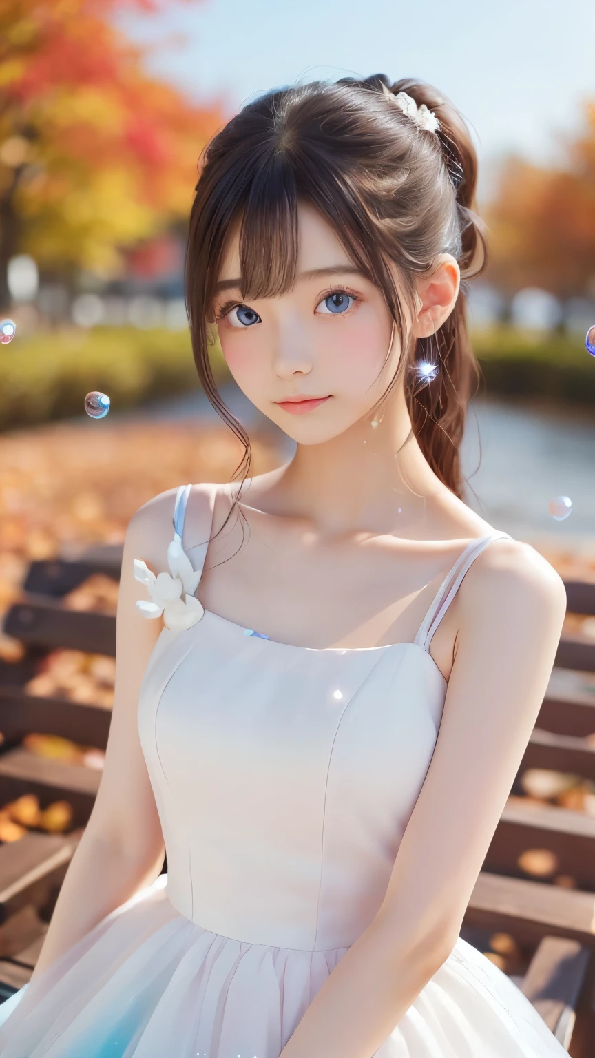 A close up of a woman in a white dress sitting on a bench - SeaArt AI