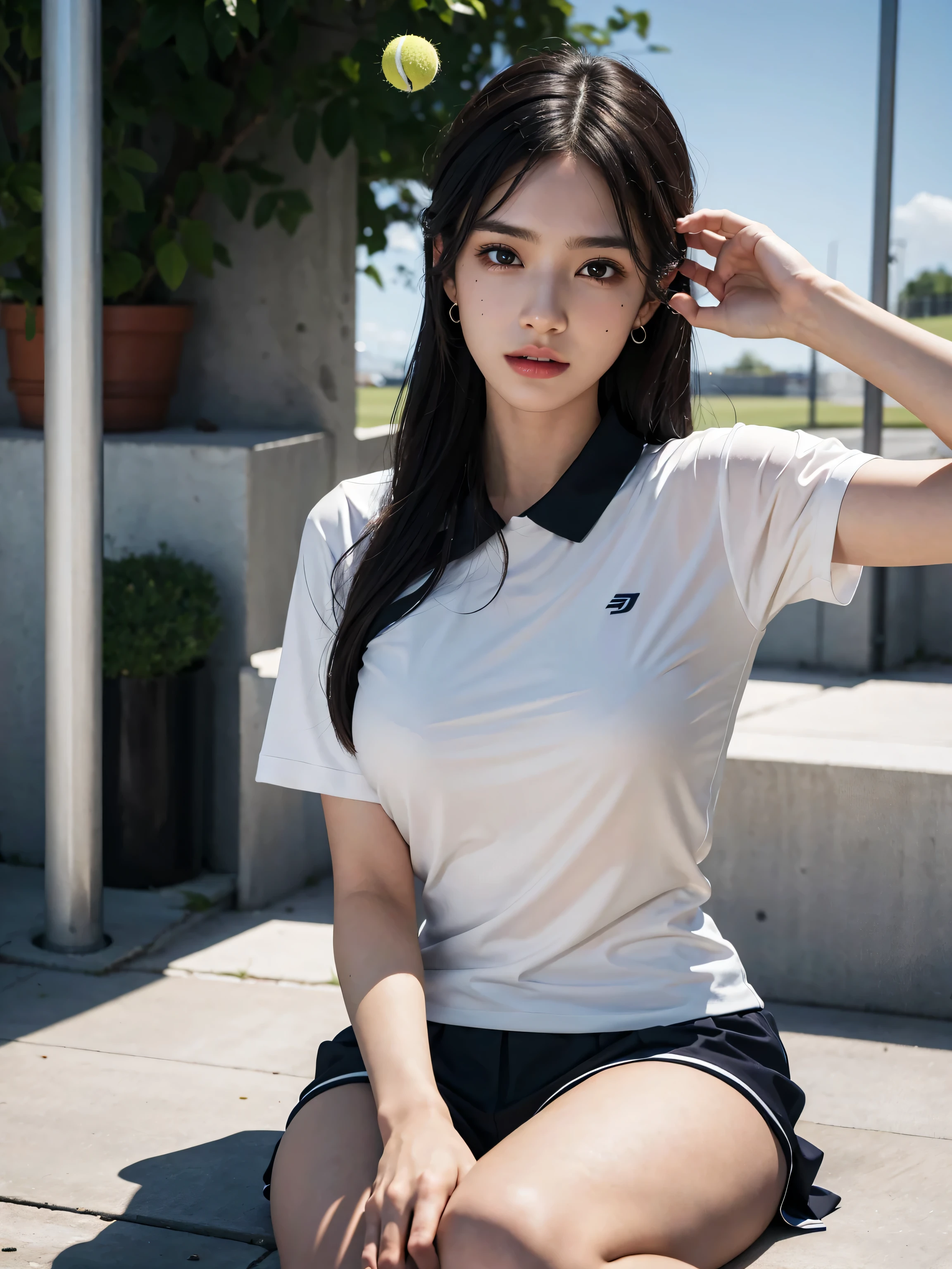 1 girl, solo, white polo shirt, white sneakers, tennis wear, white mini skirt, masterpiece, top quality, realistic, hyper detail, (shiny skin, sweaty: 1.4), absurdity, camera gaze, short black hair, brown eyes, slender, dynamic lighting, high resolution, sharp focus, depth of field, detailed eyes, sharp eyes, realistic eyes, (small: 1.6), (thick thighs: 1.0), outdoor, RAW photos, 8K, highest quality, ultra high resolution, beautiful face in detail, realistic human skin, gentle expression, front view, angle from below, short hair, realistic, photorealistic, sky --auto
