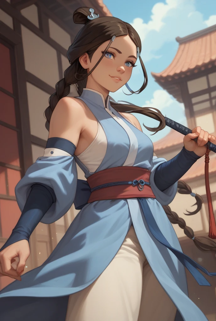 Paichang, twin braids , blue ribbon, brown eyes, double bun, black hair,
Are standing, alone , Upper body,
hip,
cowboy shot,
blue chinese dress, Red band, pants, sleeve less,
blue sky, cloudy, evening,
(Extremely detailed, beautiful detailed face, masterpiece, highest quality