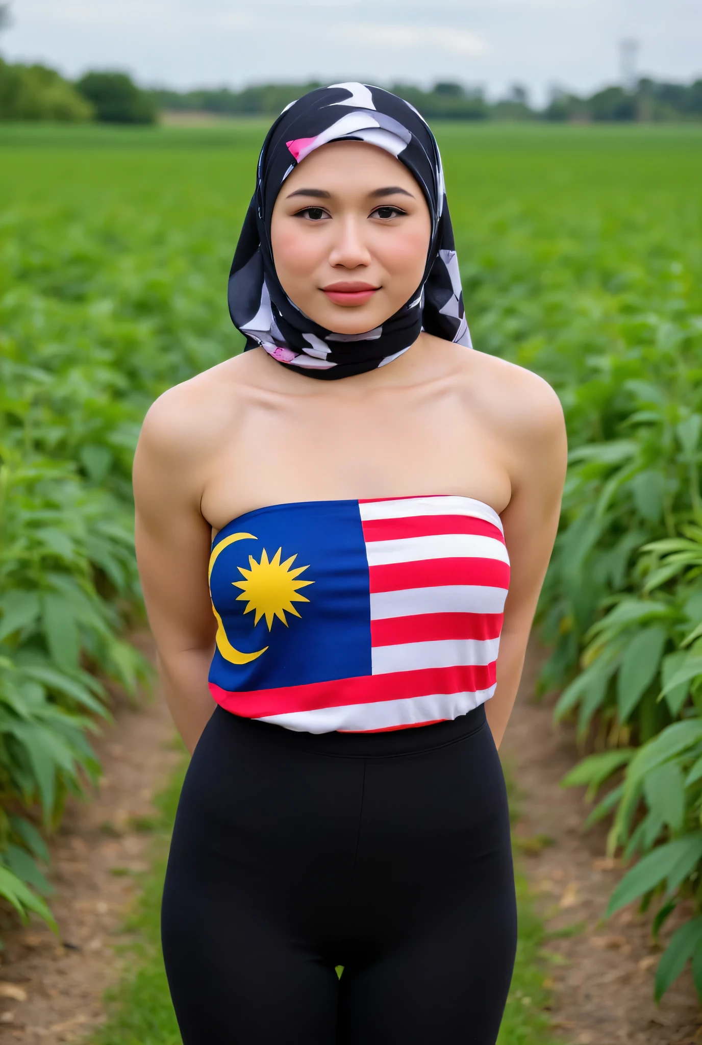 (high) waist leggings). front view, Malaysian hijab-wearing mother. (Wearings Malaysia flag top strapless ). BOTH HANDS LYING BEHIND YOUR BACK , (SAGGING BREASTS), (background In the cannabis farm)