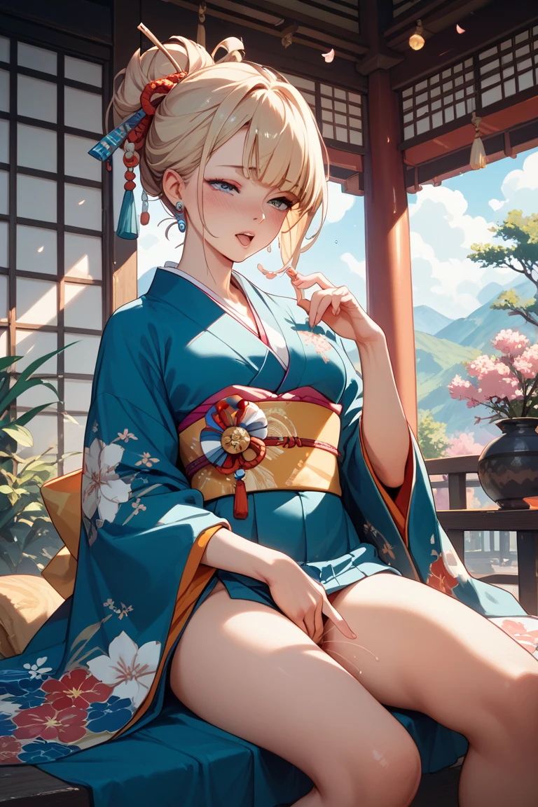 A blonde haired woman with teal eyes and and an hourglass and teal wolf ears and a teal wolf tail is taking a sip of hot tea in a japanese kitchen in a kimono