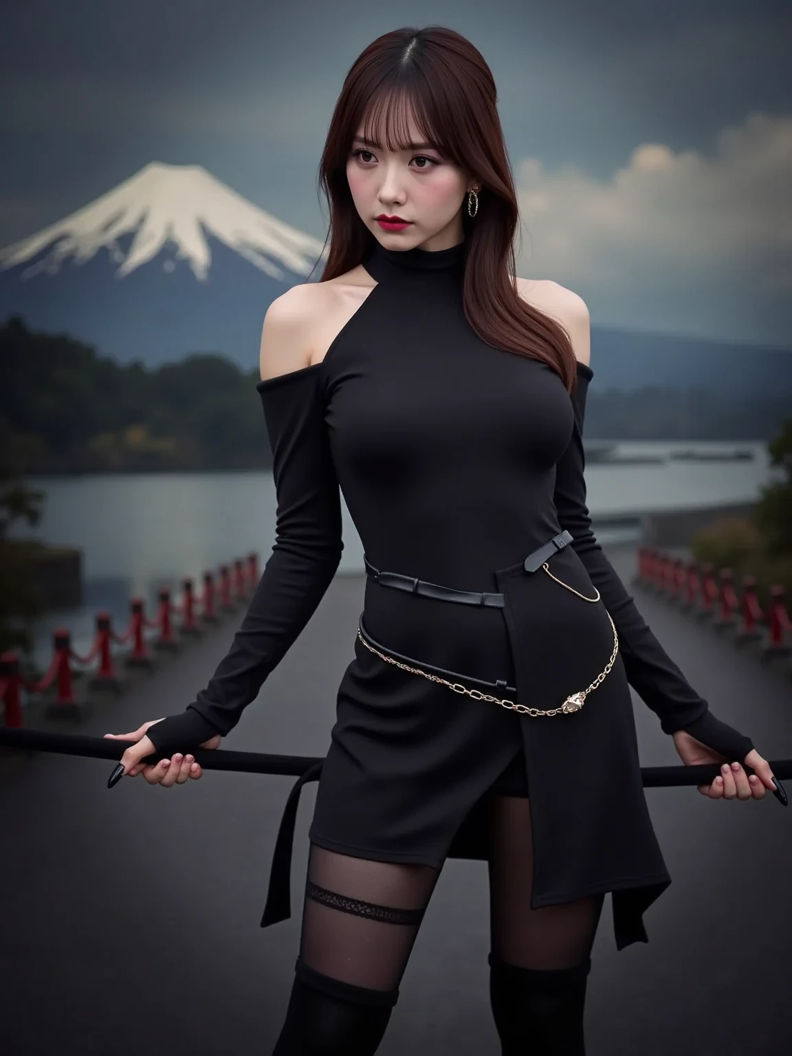 Masterpiece, best picture quality, 1 beautiful girl, detailed eyes, swollen eyes, brown hair, long hair, fair skin, sexy, cute, pretty legs, short skirt, Japanese woman, Asian beauty, magical world, moonlight, abandoned building, strong eyes, professional lighting, bright lighting, double eyelids, slender, assassin, Black clothes, angry expression, holding a Japanese sword,