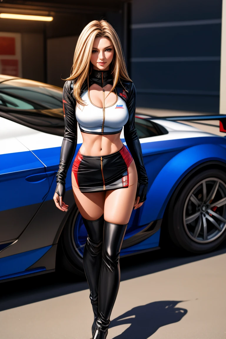 (masterpiece, best quality, ultra HD, 8k, wallpaper), cinematic feel, perfect body, perfect anatomy, alluring, perfect hands, perfect eyes, detailed eyes, long round legs, female mechanic stands confidently in front of a sleek sports car, proudly displaying her expertise and hard work, she wears a practical yet stylish mechanic's outfit, tailored to her feminine figure, the jumpsuit is a vibrant shade of deep navy blue, complementing her curves and providing a striking contrast against the surrounding mechanical elements, the suit is slightly unzipped at the top, revealing a glimpse of her cleavage, she wears a wide leather belt around her waist, adorned with various pockets that hold her essential tools: a wrench, screwdriver, pliers, and a small flashlight, on her right wrist, she sports a durable and functional mechanic's watch, with visible signs of sweat and dirt on her forehead, cheeks, and neck, her wavy, brunette hair is tied back in a practical yet stylish ponytail, keeping it out of her face while she works, with an alluring and curvaceous figure, her athletic build is evident from her physique, she exudes confidence and strength, displaying her expertise without compromising her femininity, her long and well-toned legs are showcased by a pair of sturdy, oil-stained work boots, reinforcing her practicality and preparedness for any task