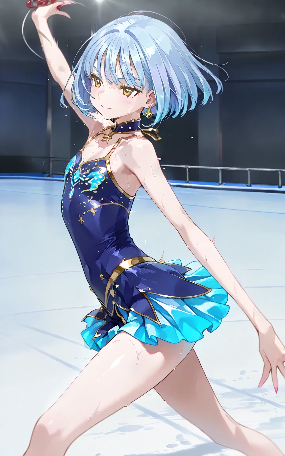 expensivequality illustration, short hair、Blue Hair、、hair over one eye、、nsfw、masterpiece, Very delicate and beautiful, Attractive girl,(Gymnastics leotard, Floral print leotard,キラキラ輝く装飾が施されたLong sleeve leotard,expensive_Leg leotard,athletic leotard,tight-fitting leotard,Rainbow gradient leotard,Long sleeve leotard),thin,Slender body,slim,expensive school,Gymnasium background,Gymnastics Club,Gymnast,Princess, Beautiful Eyes,A light smile,(masterpiece, Highest quality:1.2), expensiveres, 非常に詳細な CG ユニティ 8K 壁紙, Perfect lighting, colorful, ultra-expensive res,4K,Super detailed, photograph, 8K, High resolution, 17 years old,Cowboy Shot,