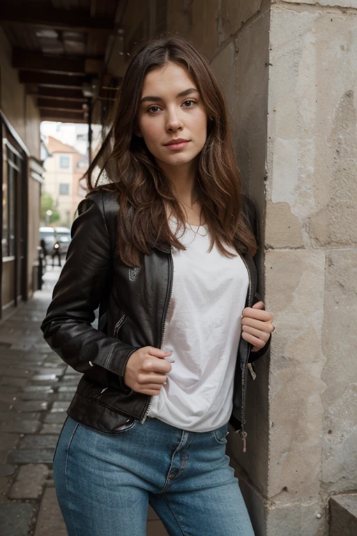 ((Best quality)), ((Meisterwerk)), (detailliert), perfektes Gesicht, Sexy nackte Frau, in engen Jeans gekleidet, wears a leather jacket, Hair up and white sneakers. Halt in einem Park in der Stadt Cusco, Es ist Nacht. real, realistisch, great detail.