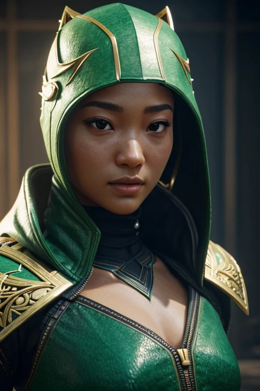 Cinematic soft lighting illuminates a stunningly detailed and ultra-realistic close-up of Tati Gabrielle in a green hooded outfit., Mortal Kombat 11, Jade from Mortal Kombat, in mortal combat, MK Ninja, in green armor and helmet, Akali, photograph, It's trending on ArtStation. Octane - the perfect tool to capture the finest details of this 16K photo masterpiece.