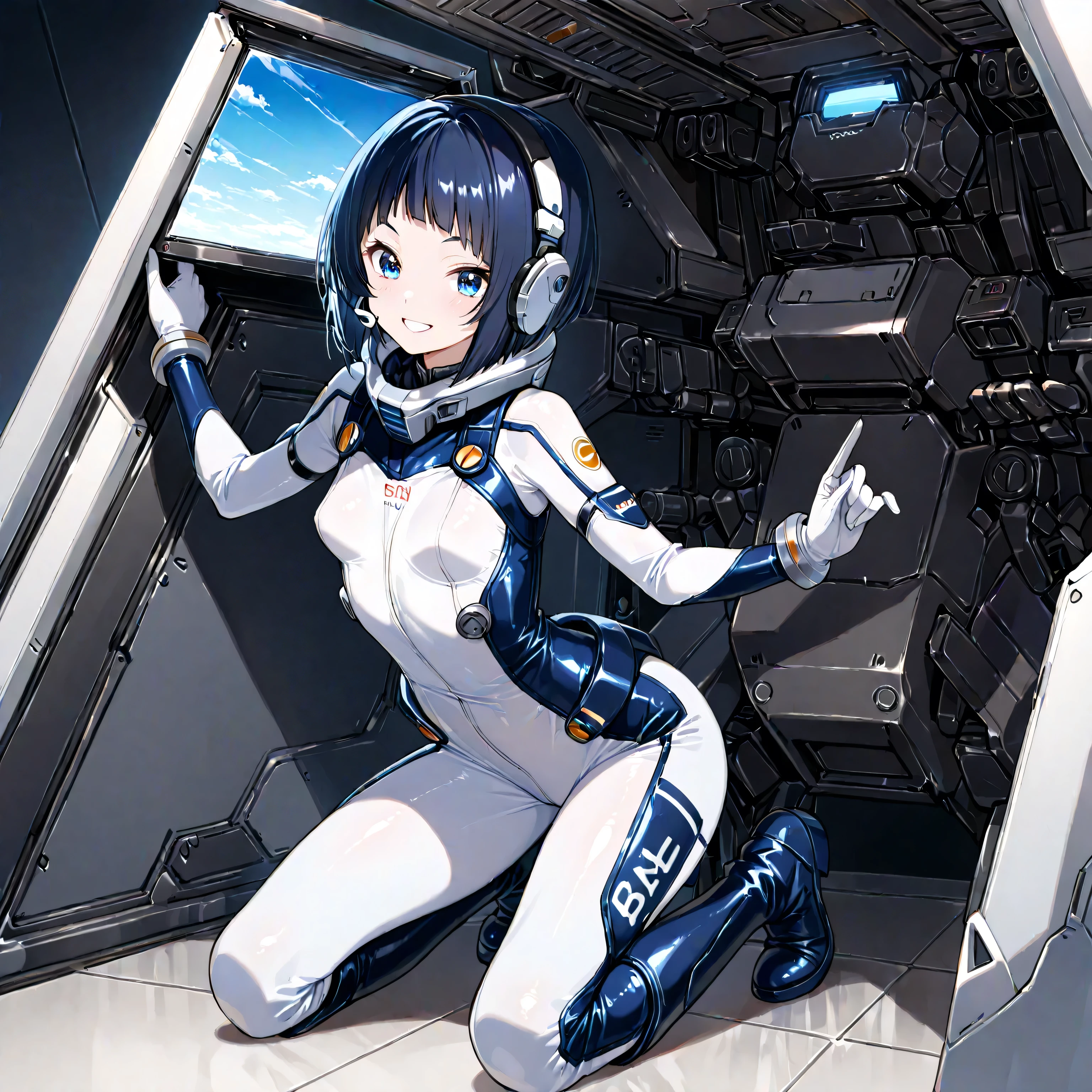 (masterpiece、Top Quality、highest resolution from 、 Clear Images 、 Detailed Details ):(full body、20 year old girl、the face of Japan、Xiaoyan、 Slim、 dark blue super short bob cut hair 、(Hidden small :1.3)、 Sparkling Blue Eyes 、white and navy blue shiny pilot suit、Chest protection armor、tight clothes、full bodyを覆うwhite and navy blue shiny pilot suit、魅力的なwhite and navy blue shiny pilot suit、 fitted pants 、肌を隠すwhite and navy blue shiny pilot suit、very delicate and beautiful、胸を隠すwhite and navy blue shiny pilot suit、肩を隠すwhite and navy blue shiny pilot suit、More、太ももを隠すwhite and navy blue shiny pilot suit、おを隠すwhite and navy blue shiny pilot suit、cute、 gentle smile、gentle expression、heroine、headset、long hard boots 、elbow length gloves、Eye shot 、 peace talks between fighting factions 、attention arousal、Clever Blue Eyes 、straight face 、Kneeling pose、futuristic space combat helmet)、Futuristic space fighter cockpit,Mirror-polished floor