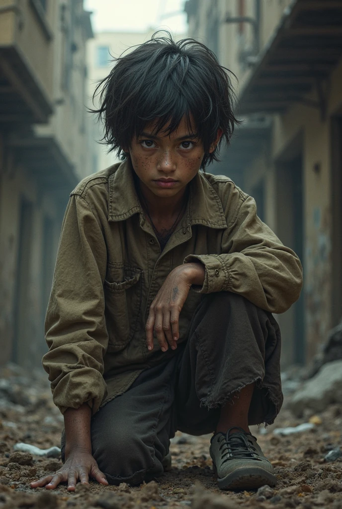 young boy, eight years old, hidden in an alley, crouching, wearing dirty clothes, black hair, threatening eyes, dark alley, pale face,
torn clothes, trash bags around