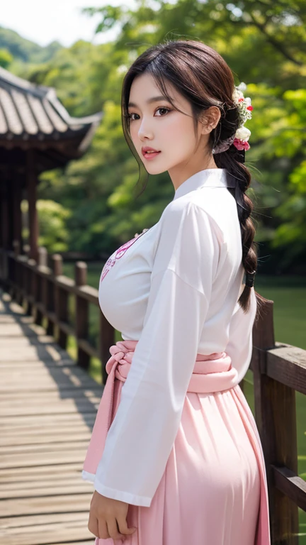 , 8K raw photo, best quality, masterpiece, super high resolution, film grain, film, 1girl, looking at the audience, natural skin texture, realistic eye and face details, full lips, lipstick, (makeup), long fluffy hair, messy hair, smile, shut up, beautiful legs, thin, solo, ,  posing against you, miniskirt, , shirt, beautiful natural location, position of flowers around, (detailed background), , blurred background, blur, hold, short sleeves, brown hair, bracelet, water, bangs, parted lips, lips, from side, hanfu, depth of field,