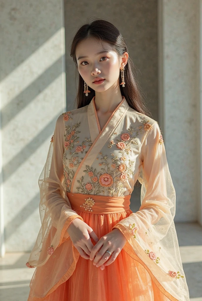 Thai female model wearing simple, attractive, elegant Thai Chakkri dress, charming woman, great beauty, charming standing, detailed limbs