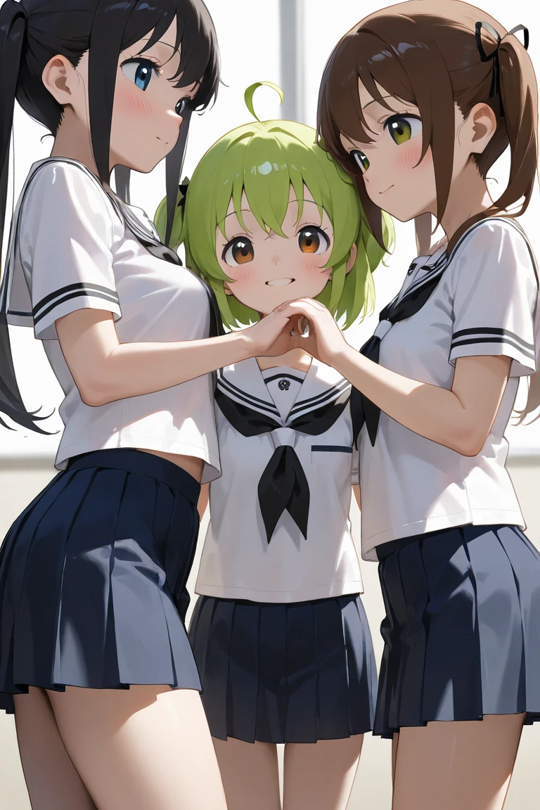 score_9,score_8_up,score_7_up,score_6_up,score_5_up,score_4_up,best quality,hyper ass,pose,seductive_smile,Green short hair,Green Eyes,Purple bow,Hairpin,Purple and sailor collar,Striped sailor suit,Blue pleated skirt,White socks,leather shoes,Antenna Hair,Doudou Eyebrows