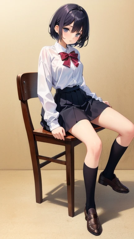 Finest, masterpiece, high definition, (full body), frontal, symmetrical, mature high school girl, solo, (full body from head to toe), small breasts, long hair, slightly messy hair, (black tights), ( (black pantyhose), black pantyhose, (composition where she is made to sit and lift her legs and make her legs open), (bound arms, arms behind back), composition showing white panties, slender beautiful legs, a very beautiful 17-year-old girl (not wearing shoes) legs), blushing, shy big eyes, messy hair, looking at camera, showing white panties, white frilly lingerie, high school uniform blazer, high school uniform White blouse, high school uniform with blue ribbon, high school uniform with short plaid pattern and navy pleated skirt, Madoka Higuchi