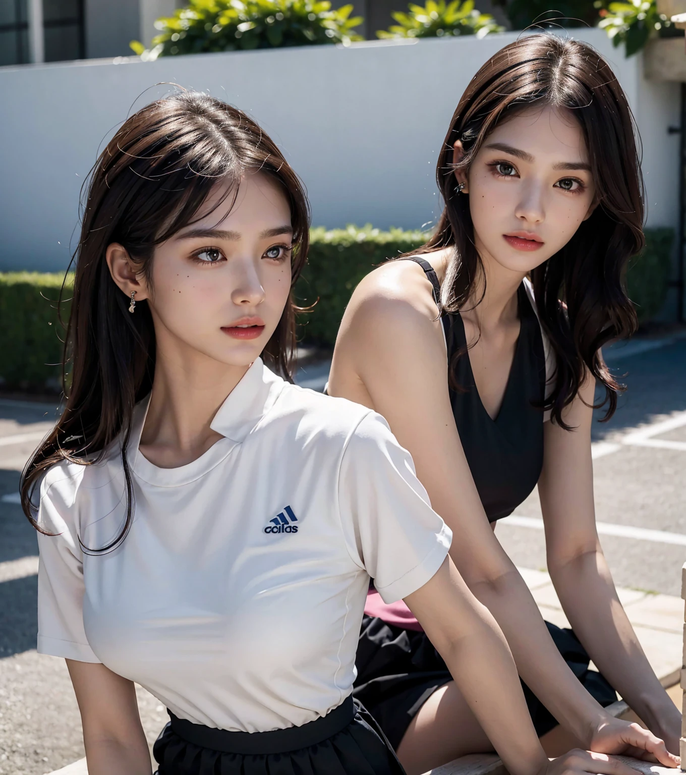 (Best quality, High resolution, Masterpiece :1.3), Dressed, (Photoreal: 1.4), (Hyperrealistic: 1.4), (Realistic: 1.3), (Smooth Lighting: 1.05), (Improved cinematic lighting quality: 0.9), 32K, 1 girl, 20 year old girl, Realistic lighting, backlight, face lights, ray tracking, (bright light: 1.2), (quality improvement: 1.4), (quality improvement: 1.4), (quality realistic texture skin: 1.4), fine detailed eyes, detailed face, fine quality eyes, (tired, sleepy and satisfied: 0.0), dark blue tennis wear: 1.3, (enhance the atmosphere of body line: 1.1), (enhance the beauty of skin texture: 1.1), Korean Idol, Nogizaka Idol, Gravure Idol, Actress, Fashion Model Posing