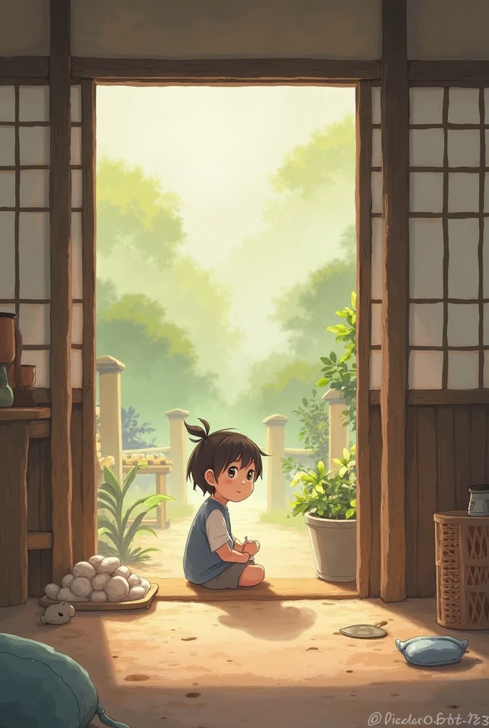 Like the real thing、beautiful photo、The World of Hayao Miyazaki、(morning)、Focus on the face、upper Shot, 5 year old boy、(Outside the home:1.2)、Staring at the screen、garden