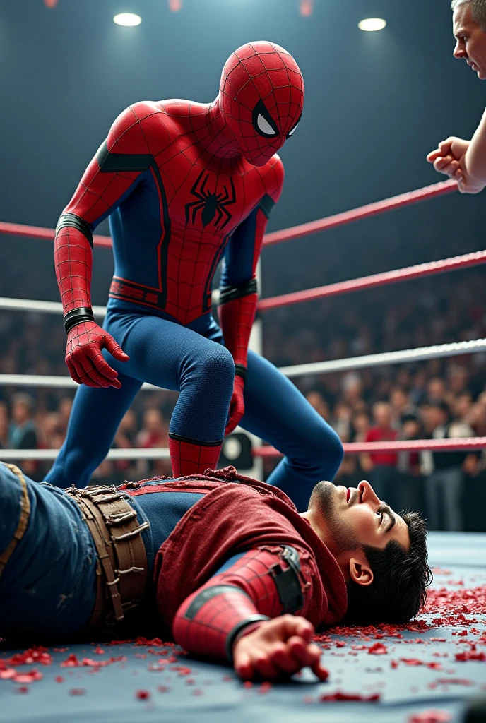 Spider man(Tom Holland)batte Elektra(comics edition vestita con il vestito rosso con le gambe e braccia scoperte) e psylocke(oliva munn) in un match di WWE Elektra e psylocke al tappeto e spider man festeggia
