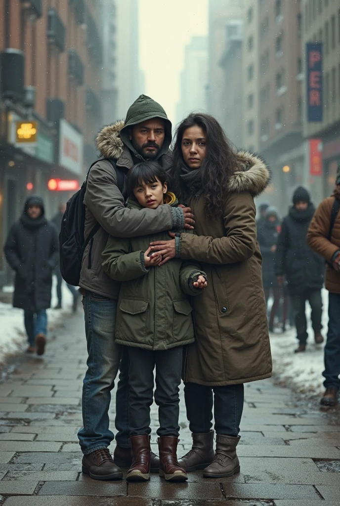 Imagine a homeless parents standing with their two children. in front of him two adult girls standing and assuring that they would better take care of their children.