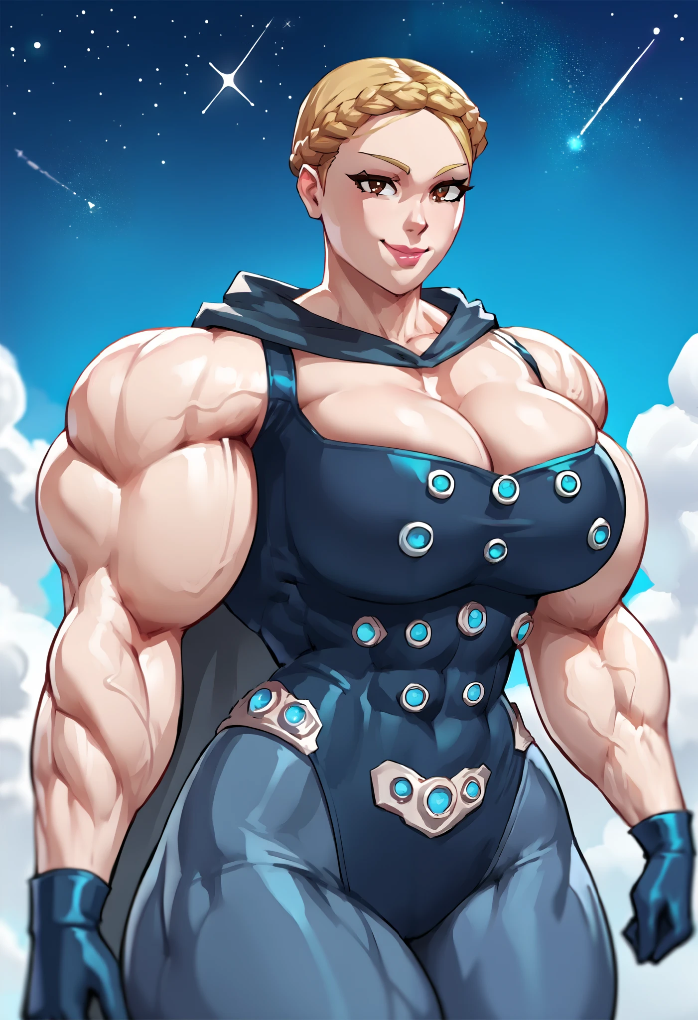 masterpiece, best quality, panchy, short blue sundress, cowboy shot, happy, closed eyes, smile, large breasts, shiny skin, realistic, looking at viewer, city , (NSFW), ((accurate anatomy)), (wide hips), ((Huge breasts)), (long legs), ((Massive Female Bodybuilder)), (((Muscular Legs))), ((((Huge Muscles))))