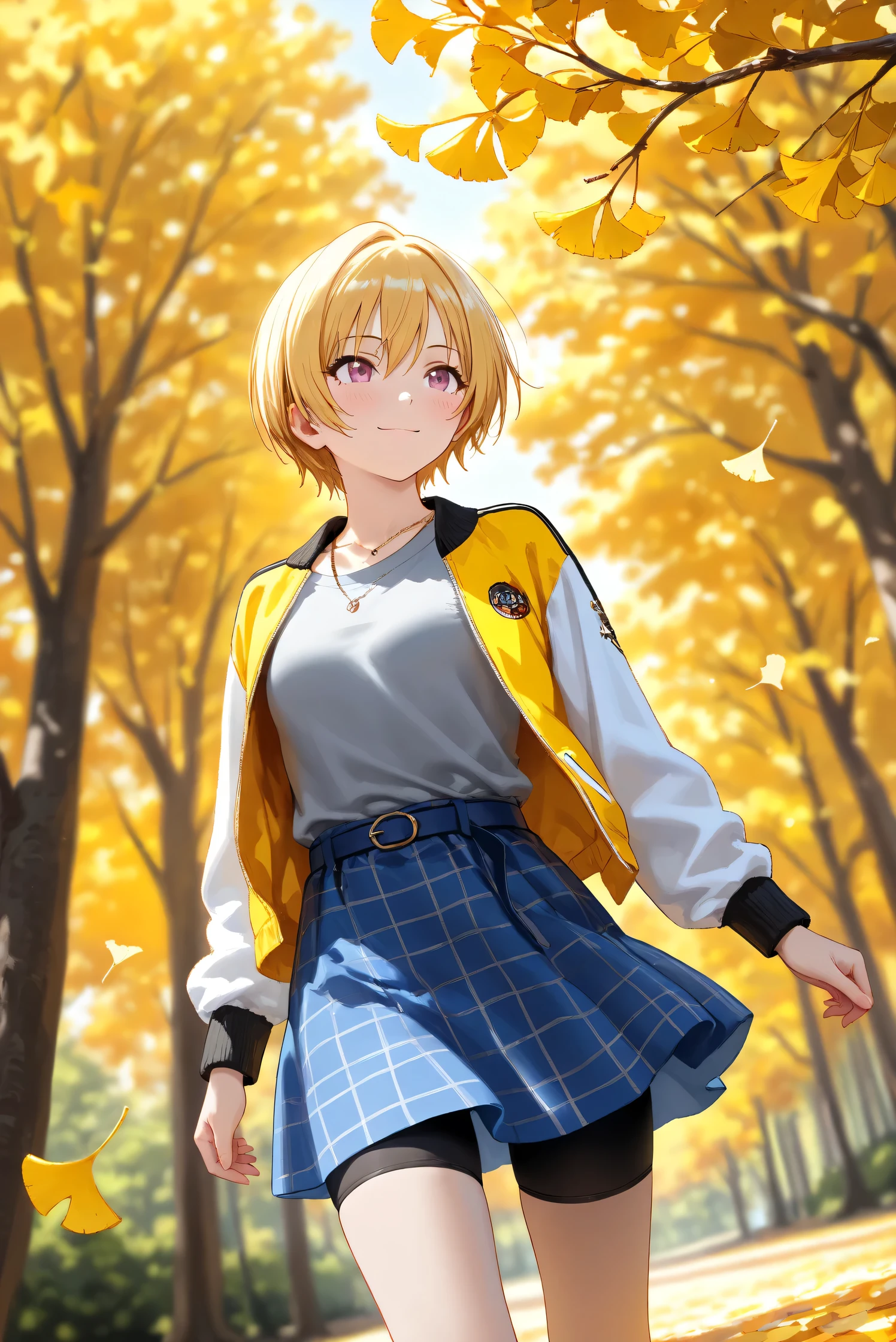 (Masterpiece), (Highest quality), (Very detailed), 
(The best shape), (Best Shadow), (Absurd), 
(Detailed background), (So beautiful), Shiny , 
Beautiful eyes in every detail, Extraordinary, Countershading, 8k, 32K, High resolution, 
Very Detailed CG,

Score_9, Score_8_up, Score_7_up, Source_anime, 
(Pastel painting:1.2), (Watercolor painting:1.2),
(Masterpiece, Detailed:1.2), (Foreshortening:1.2),

Cinematic, Dramatic, (Depth of field:1.4),
(Blurry background:1.4), (Realistic background:1.4),
Dynamic angle, from below, lower body, looking up,
1 girl,
Autumn, Outdoor, Nature, Park, Wind,
Autumn leaves, Ginkgo,
Scenery, Autumnforrestmb, Autumn, Forest, Tree, Nature, Outdoors, Ginkgo tree branch,

Saijo Juri,
the idolmaster shiny colors,
juri saijo, short hair, blonde hair, purple eyes, small breasts,

(Casual wear:1.3), 
T-shirts, (Gray t-shirts:1.3), 
Souvenir jacket, Yellow jacket, (Long sleeves jacket:1.2), White sleeves jacket,
Miniskirt, (blue skirt:1.2), Checkered skirt, 
Belt, blue belt, bike shorts,
Necklace,

Focus on face, Portrait, (Close up shot:1.2),
(Blush:1.3), Smile, Happy,
Realistic skin, Shiny skin,