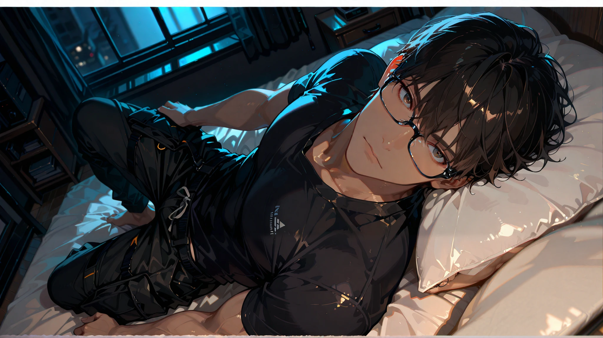 masterpiece,best quality,amazing quality,very aesthetic, depth of field, detailed background, 1boy, solo, light- brown skin, long face, low fade hair ,dark brown eyes, black hair, black shirt, muscular, black cargo pants, browline glasses, window, indoors, dark, dark room, from above, bed, middle of the bed, lay on bed, looking at viewer