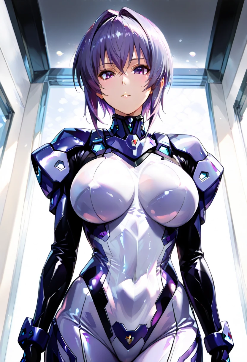 Cowboy shooting, Rei Ayanami, Adult version, 20 years old, Neon Genesis Evangelion jumpsuit, 黑暗of, purple hair, 美丽细致of眼睛, 美丽细致of嘴唇, 极其细致of眼睛和脸部, 长长of睫毛, 嚴肅of表情, Future city background, neon lights, blue and purple color palette, portrait, studio lighting, 鲜艳of色彩, Super detailed, 实际of, photo-实际of, 生of, ultra high resolution, movie shot, twilight lighting, Volumetric lighting, 戲劇性of燈光, (depth_of_venue:1.5), photo实际of, realism, 16k