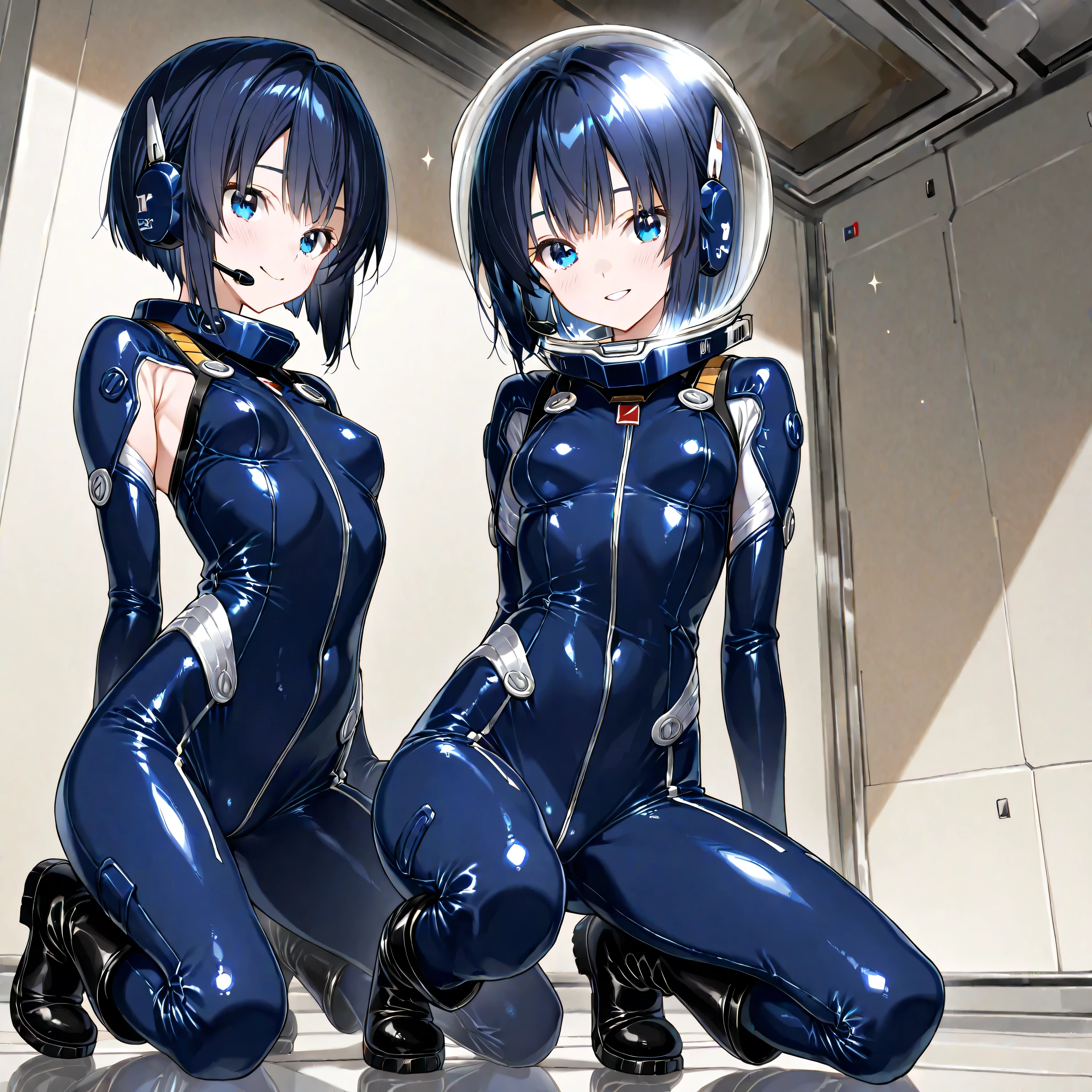 expressionless, blank eyes, looking at viewer, emotionless,corruption, mind control, female combatant, hypnotized, unhappy trance, obey, perfect female body, hypnosis, hypnoLora, empty eyes, Slave, dark persona, hat, (((pixel-perfect, detail-perfect))), solo, 1girl, hair ornament, Karin Aoi , DNA², blue hair, short hair, blue eyes, braid