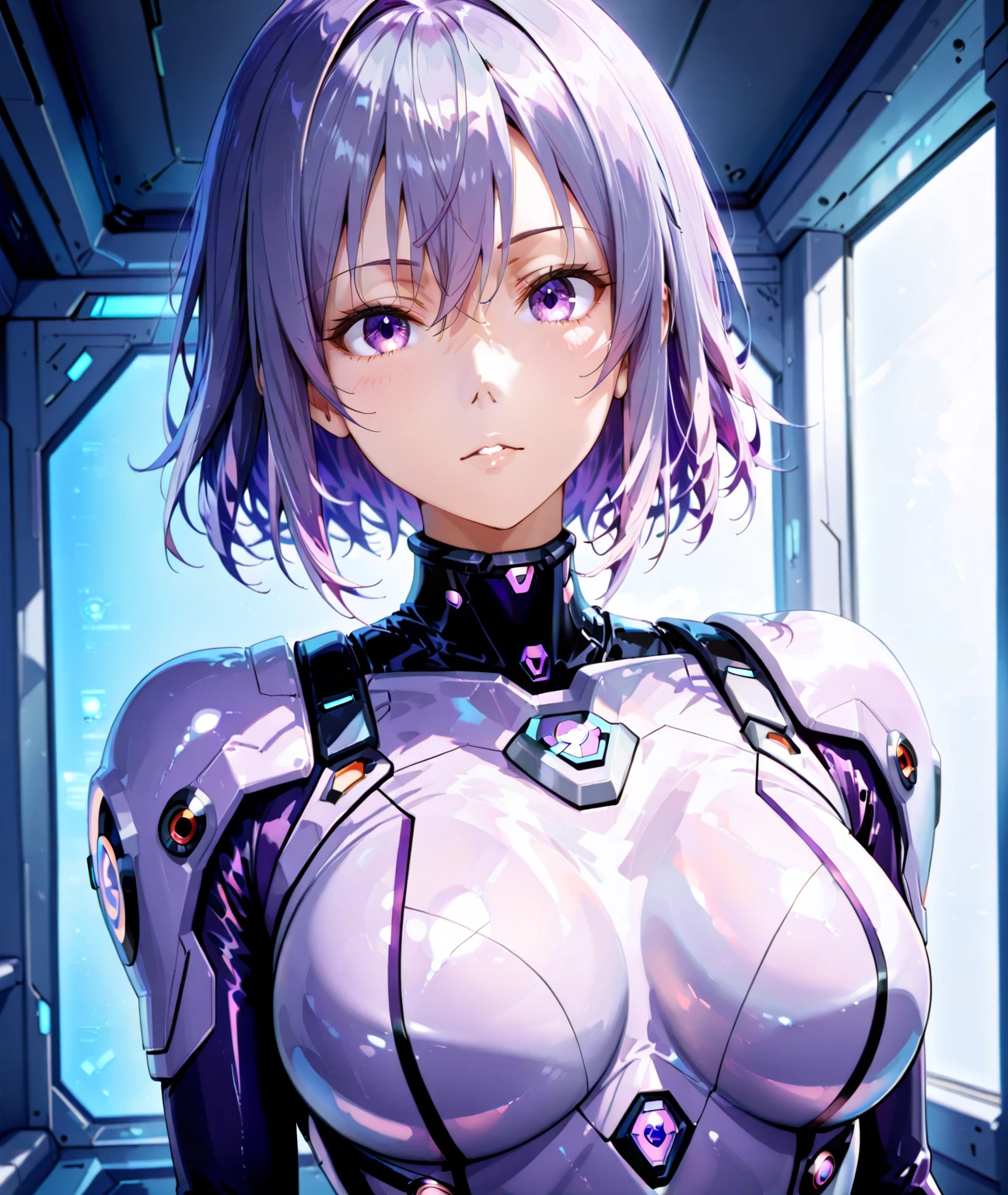 (a beautiful girl:1.1) (short lilac hair:0.9) (mechanical parts on the body:0.8) (shimmering yellow eyes:0.7) (detailed scene with the best quality:1.2) (illumination:1.2) (floating in an ethereal environment:1.1) (mysterious aura:1.1), (extremely detailed CG unit wallpaper 8k:0.5)0.2], in a lab as a backdrop in a (hard linear lighting:0.5)0.4]