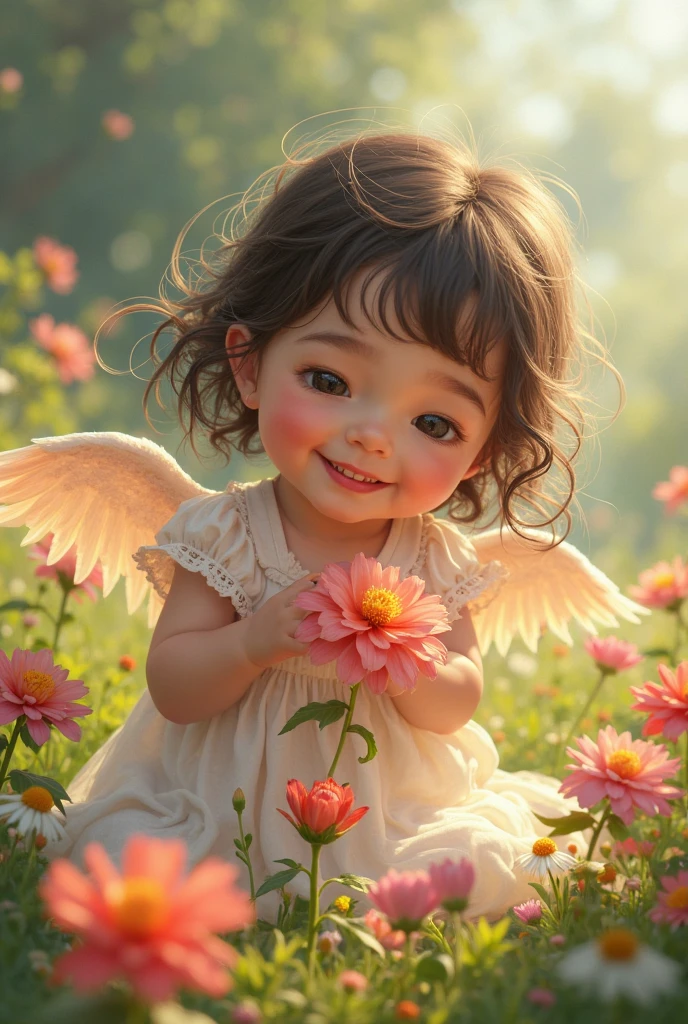Blessings of Angels､Bright background、heart mark、tenderness､A smile、Gentle､Baby Angel､turned around、flower  field､Play alone