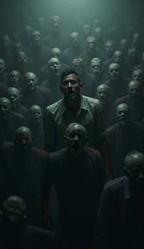 score_9, score_8_up, score_7_up, photo, man, middle-aged, black hair, short haircut, scared, torn t-shirt, dirty t-shirt, standing in a crowd of zombies, (against the background of a crowd of zombies), looking at the viewer, post-apocalypse, zombies, gloomy photo