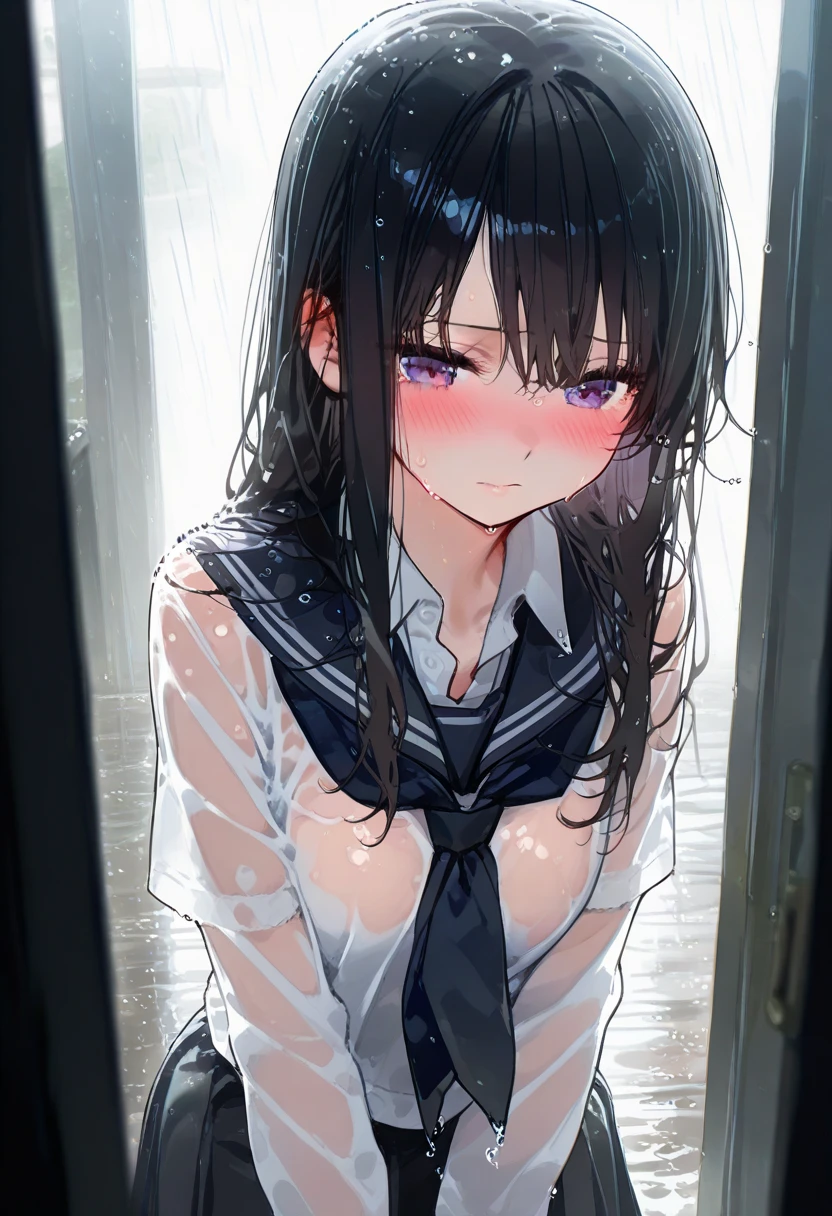 ((masterpiece,best quality)),nsfw,after rape,1woman solo,cowboy shot,20歳の美女、black hair,long  hair,blunt  bangs,black eyes,crying,drooling,ideal ratio body proportions,小さい頭、slender body,medium breasts,gleaming skin,Perfect Anatomy:1.3,arms behind back,sitting,(spread legs:1.5,cum in vagina,cum on body,excessive cum),sweat:1.2,濡れた股間,(((黒色のブレザージャケット、白色のシャツ、open clothes,bottomless、vagina))),電車、(駅構内)雑踏、東京、