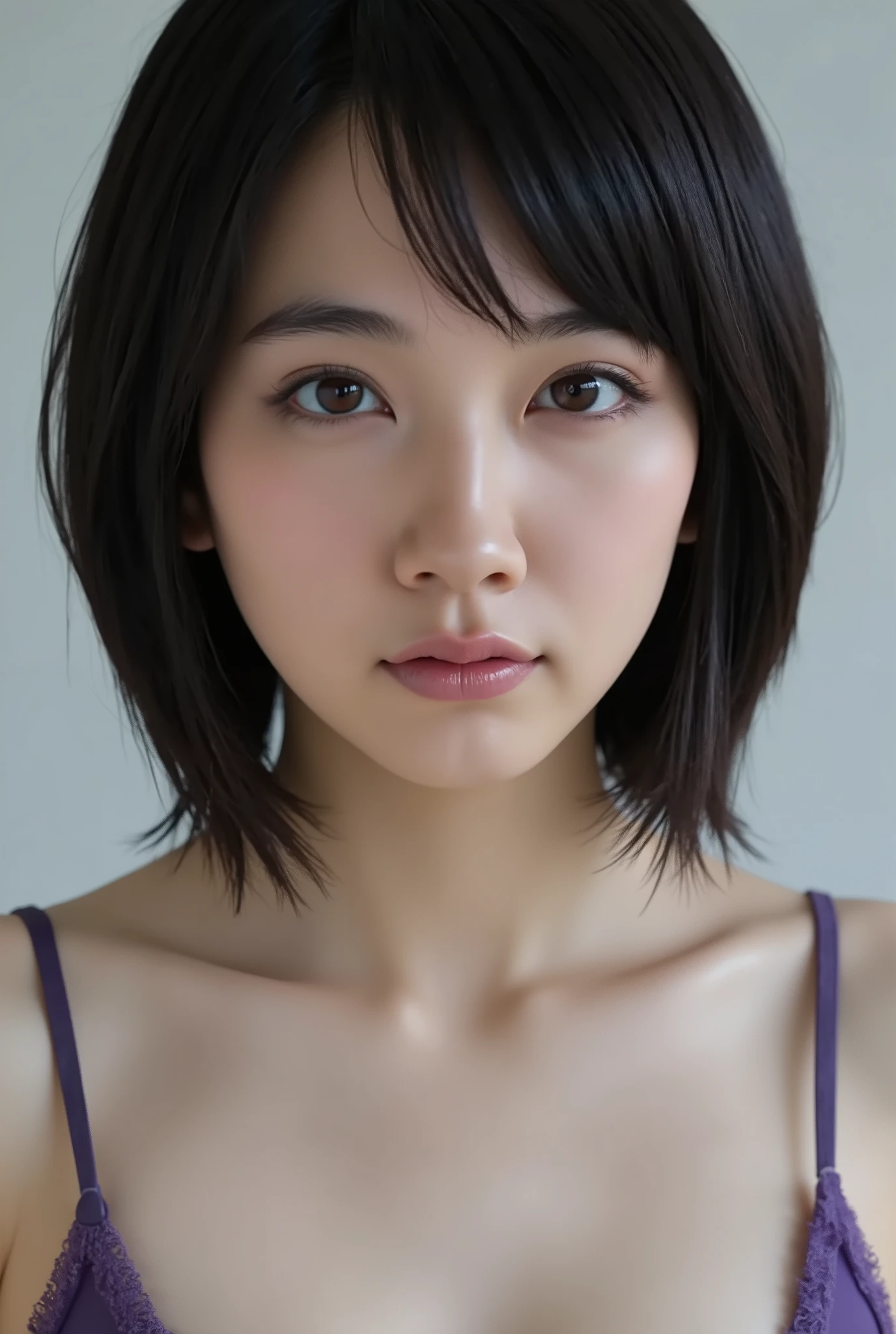 (( Top quality work )), ((masterpiece)), ( details), first-person view ,1 Girl, ,( bring your face closer ),((Wide mouth )),((, purple , short bob)), black hair , ((small eyes, without makeup))