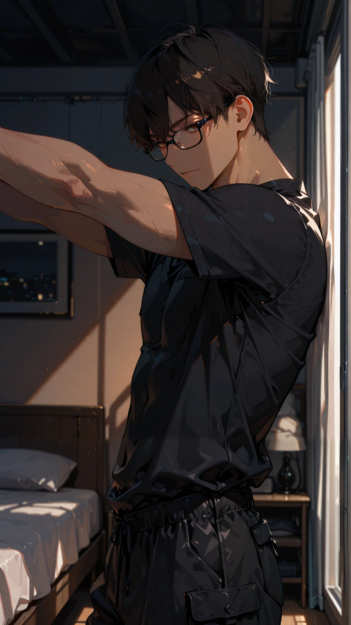 masterpiece,best quality,amazing quality,very aesthetic, depth of field, detailed background, 1boy, solo, light- brown skin, long face, low fade hair ,dark brown eyes, black hair, black shirt, muscular, black cargo pants, browline glasses, window, indoors, dark, dark room, from front, bed, middle of the bed, lay on bed, looking at viewer, both arms arching to the back, squinted eyes