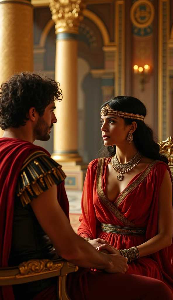 In an ancient Roman environment, a young and beautiful dark-haired woman, dressed in a Roman toga, He is talking quietly to a man, gross, who has a noble and serious appearance, also dressed in a toga. They are in a private room with dim lighting and blackout curtains., conveying an atmosphere of conspiracy and secrecy. Porcia muestra un gesto de lealtad y confianza hacia gross.