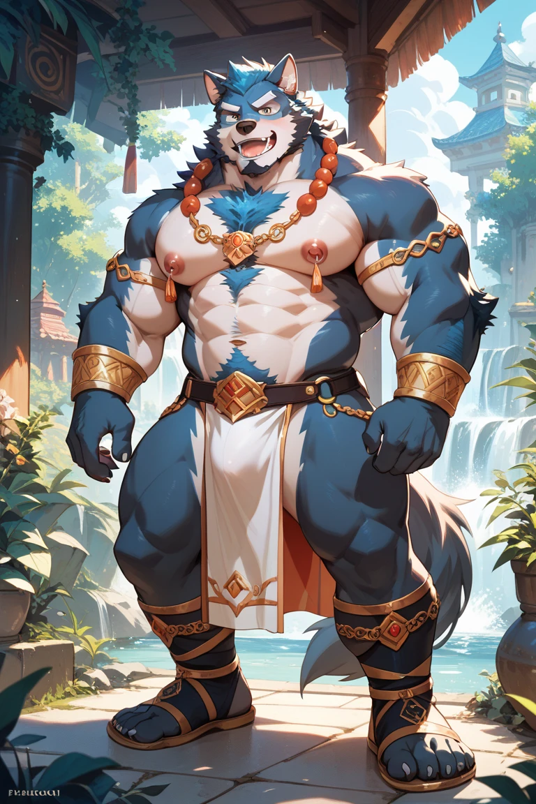 ((best quality)), ((masterpiece)), (ultra detailed), perfect face,(sharp eyes),sharp focus, (by null-ghost,by traver009,by lindong,by pino daeni), (male antro black tiger):2.0, ((blue stripes)), ((black body)), ((white belly)), (delicated tiger fangs, tiger ears, tiger tail), (sharp eye),ultra-detailed eyes, (Beautiful and delicate eyes), ((red crimson):0.1 eyes), ((white sclera)), ((fluffy fur, fluffy, furry body)),((long white loincloth), with yellow pattern):0.8, muscular male , (wearing random pattern necklace), smile, (bulge), reflection, sexy body, middle-age, strong, looking at view, (((sfw:1.5))), (( abs, strong muscle, 8 pack)), shirtless, tougue out, claw, pink nipples, handsome,(Great physique),strong arms man, majestic, barbarous, handsome, by the waterfall, sweating:1.8