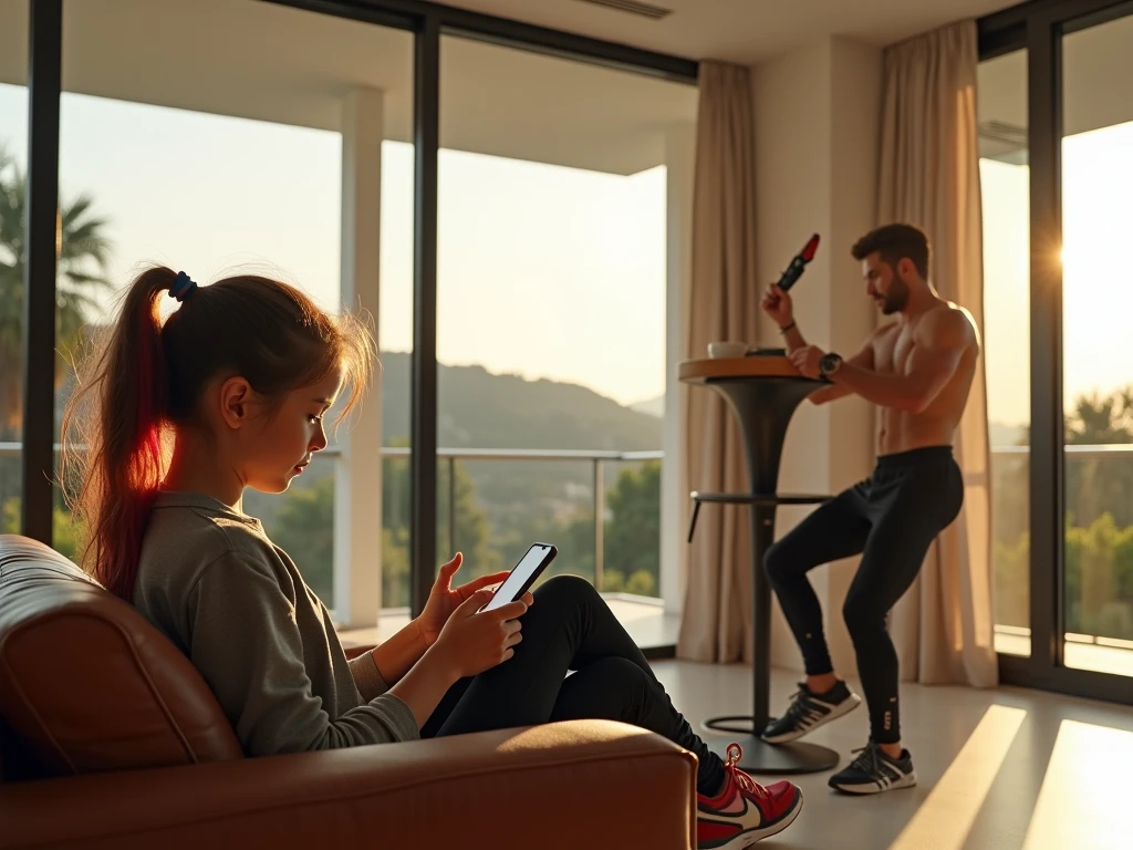 21 years old angry man lying on the couch with a smart phone in his hands, angry women grabing smartpnove out of his hands,messy blonde hair, unshaved, wearing white t-shirt with fat spots, wearing old long grey pants, messy appartments,a lot of snacks lying on the ground, , fit tall women, 20 years old woman, deep green eyes, american natinality, beautiful face, femine body shape, perfect abs, pronounced musculature, pony tail haircut. deep brown hair, weariing luxury sports costume, bright yellow sports top, cian sports shorts, red and white women's sneakers, digital art, best quality, 8k, award winning, super detail, masterpiece, UHD