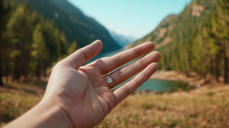hands full of blood in front of a lake