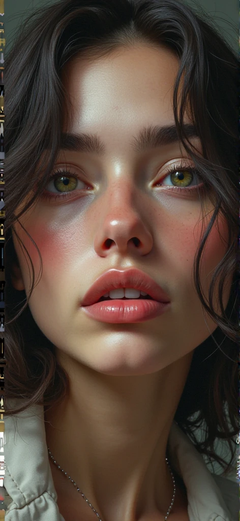 1girl, solo, long_hair, black_hair, lips, looking_at_viewer, sideways, close-up, black_eyes, nose, dutch_angle, portrait, closed_mouth, brown_eyes, upper_body, looking_up, dark_skin, dark-skinned_female, shirt, smile, tentacle hair, curvy, busty, circular face