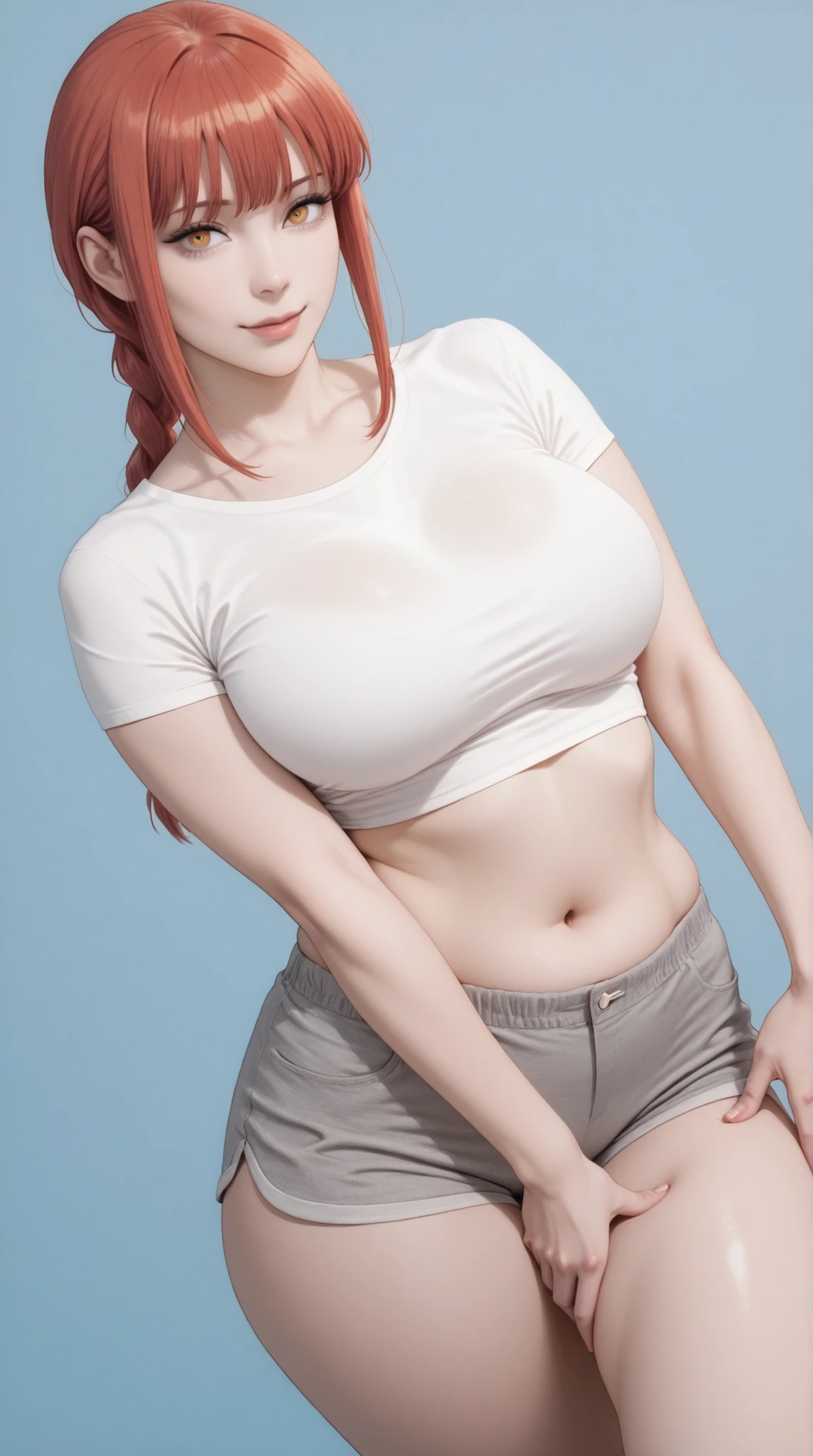 masterpiece, extremely detailed, perfect skin texture, 4k, solo, 1girl, adult,((fullbody)), stand up, makima, sexy legs, perfect body, large breasts, white tshirt, grey shorts, housewife, soft light, high detailed, best quality, midriff, navel, navel line, belly, bare belly, sexy, hot girl, hot woman, big breasts, sexy girl, sexy woman, korean face, beautiful, thick thighs, thigh thighs, upper body, tshirt, crop top, beautiful girl, beautiful woman, hot pose, perfect hands, wide hips, expressive, looking at viewers, front look, sexy pose, photography, front look, blue plain background, blue background, cowboy shot,((blue plain background))