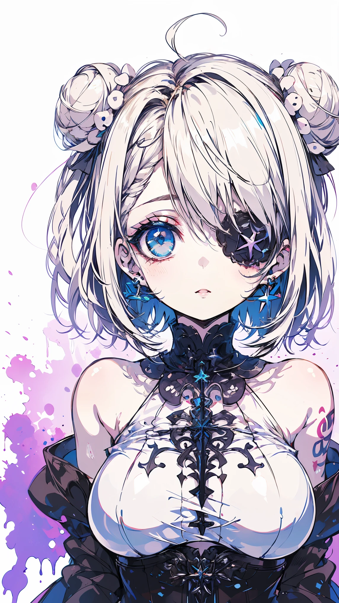 (Big Eyes:1.4)1人のgirl, , GLOVING SKIN, high contrast((mastepeice, Top Quality))(eyeshadow:1.3)(Eyelashes:1.2)girl, Blue droopy eyes, Blonde Short Bob Hair (bungs:1.5)earrings, Viewers,upper body, Tattoo, eyelashes, eyeshadow,Eye patch on one eye(NSFW, Nude)
