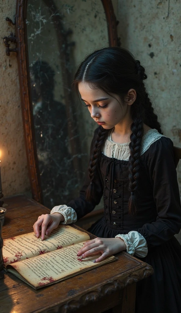 a beautiful young girl, 12 years old, brunette, in a strict Victorian dress, with sad eyes and a book in her hands. Occult signs in the sky. Dark, Gothic, Vintage