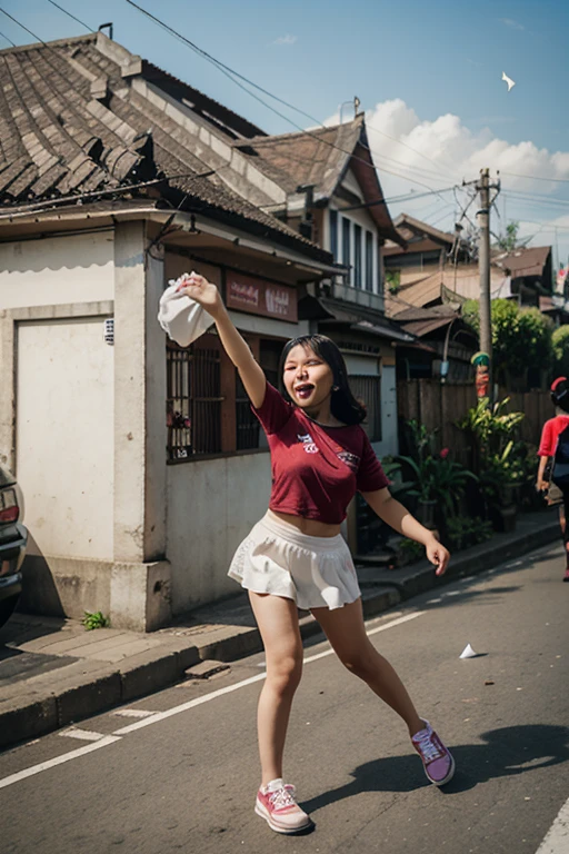 young indonesian girls wear tshirt and mini shorts, carried by men at forest river, surrounded by men,crowded, multiple men,realistic photo,The background is slightly blurred to keep the focus on them, creating a beautiful bokeh effect, erotic mood, men grappling her, laughing faces, wefie pov, friends , raining