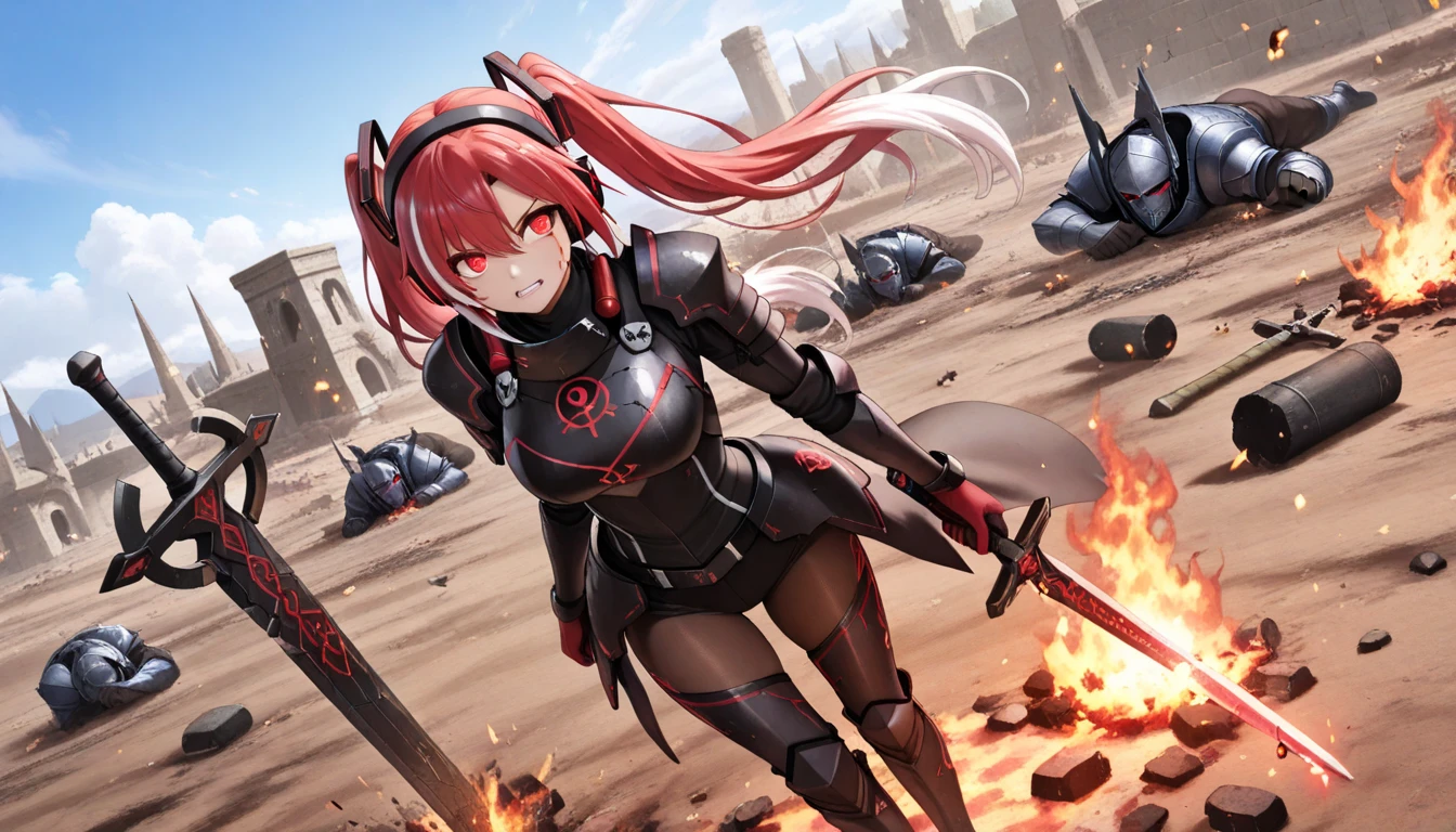 1girl, standing, numsuit, pauldrons, ARIA,red hair, pink eyes, red eyes, evil grin, blood on face, peaked cap, twintails,