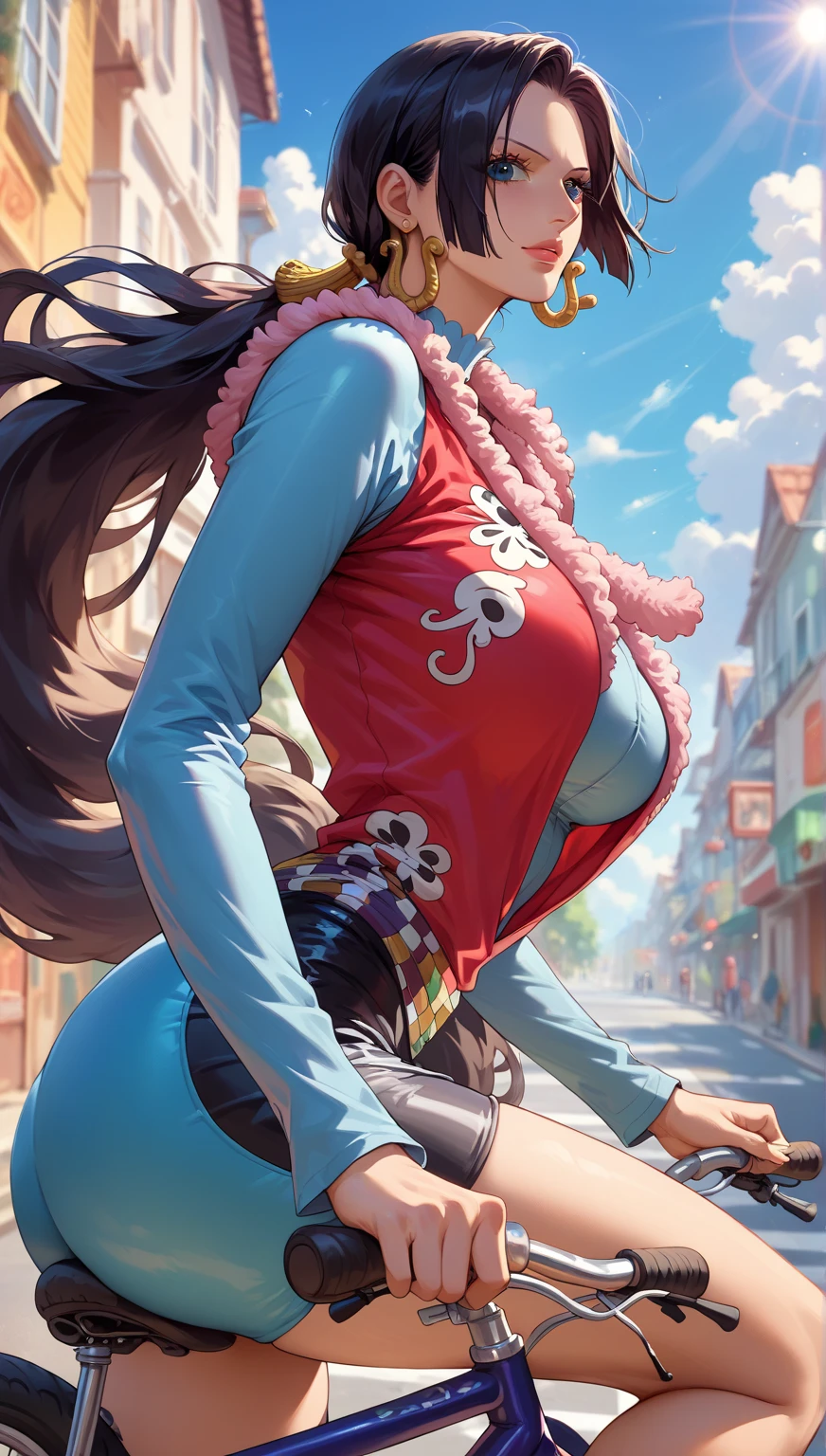 1girl, art by Eiichirio Oda, nico robin, standing on a tall building's rooftop, sitting on the parapet wall, smiling, looking at the viewer