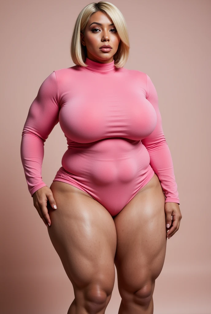 50 years old woman, mix Latina-African, messy hair tied in a bun, brown skin, chubby, mom bod, wearing neon pink body net, medium , plump thighs, plump ass.