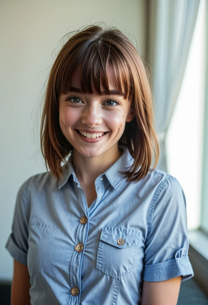 1girl ((blue eyes)), ((brown hair)), ((chin length hair)), ((Short hair)), ((flip ends)), ((blue shirt jacket)), ((Yellow t-shirt)), ((smiling)), ((Hair flip-ends)), ((21 years old))