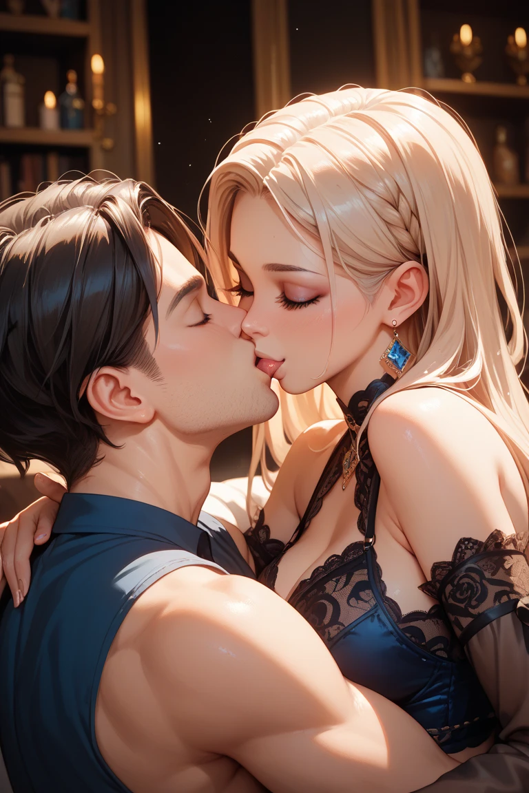 highest quality、4K quality、Woman in off-the-shoulder dress、A sleeping man touches a woman、Man grabs woman's head、woman opens her legs wide、nude crotch、The woman is shy、A woman sucks a man's penis、The woman is blonde and slender.